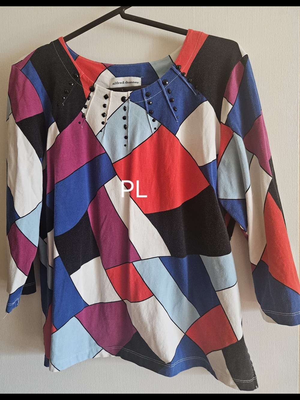 Alfred Dunner Multicolor Geometric Long Sleeve Top - Red/Blue/Black/White/Purple